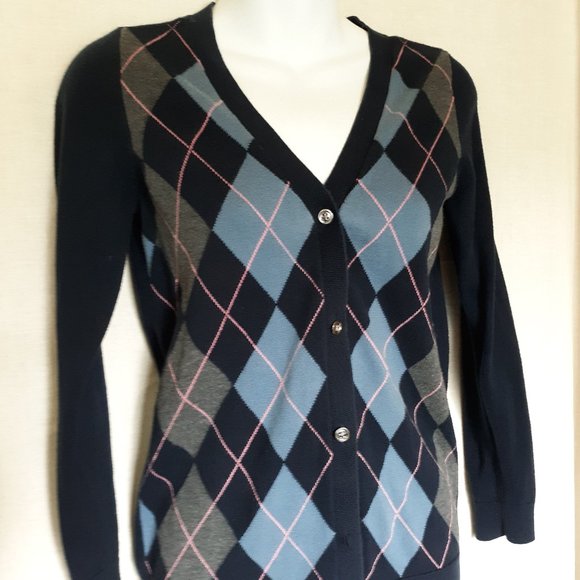 Juicy Couture Navy Argyle Cardigan 12 - Picture 1 of 9
